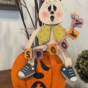 Halloween Spooky Ghost stand svg digital file stands 13 inches tall with cute ghost that is holding spooky sign for your holiday decor