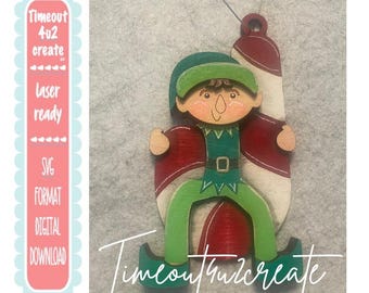 Christmas Elf Sitting on Candy Cane Ornament /countdown, Christmas tree, holiday/ digital download