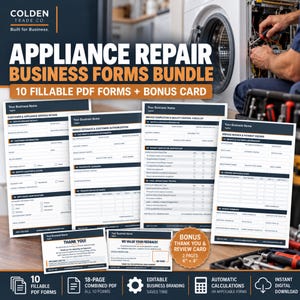 May include: An appliance repair business forms bundle featuring 10 fillable PDF forms and a bonus thank you and review card. The documents include service intake, repair estimate, completion checklist, and invoice forms with a 6 inch by 4 inch card.
