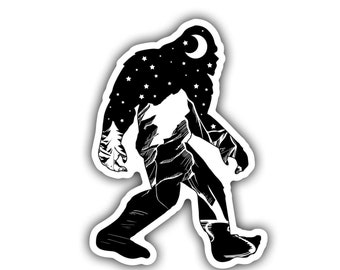 May include: Black and white silhouette of Bigfoot walking with a crescent moon and stars inside its body.