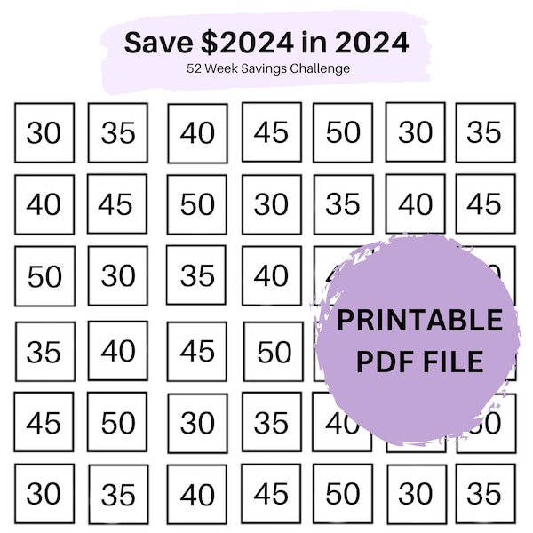 Sparen Sie 2024 auch in 2024 | 52 Woche Ersparnis-Challenge-Tracker | Notfalleinlagen | Budgetierung druckbar