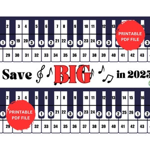 Puede incluir: Un gráfico de teclado de piano imprimible con los números del 1 al 44. El gráfico está diseñado para ayudar a las personas a aprender a tocar el piano. El texto "Save BIG in 2025" está escrito en letras rojas y negras. Las palabras "Printable PDF File" están escritas en rojo en dos círculos.