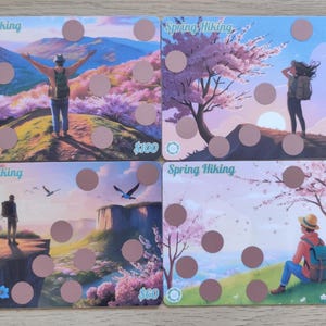 Escursionismo primaverile Scratch Off / Viaggio / Montagna / Avventura / Fiori di ciliegio / Sfida del risparmio fisico