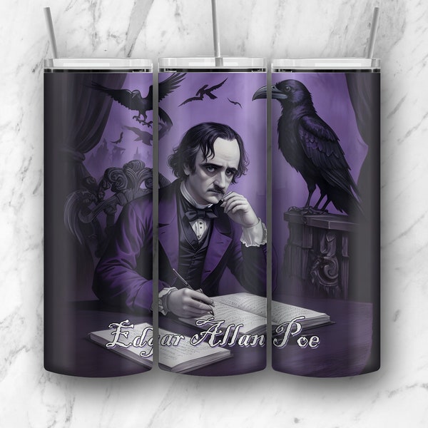 Edgar Allan Poe Tumbler Wrap PNG, Classic Horror, Science Fiction, Fantasy, whimsigoth, 20oz Skinny Sublimation Designs, High-Res PNG.