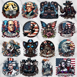 May include: A selection of vibrant, patriotic illustrations. The images feature portraits of historical figures, a haunted house, a witch on a broom, a fairy, a grim reaper, a couple, an eagle, Uncle Sam, cowboys, the Statue of Liberty, and a couple with wine.