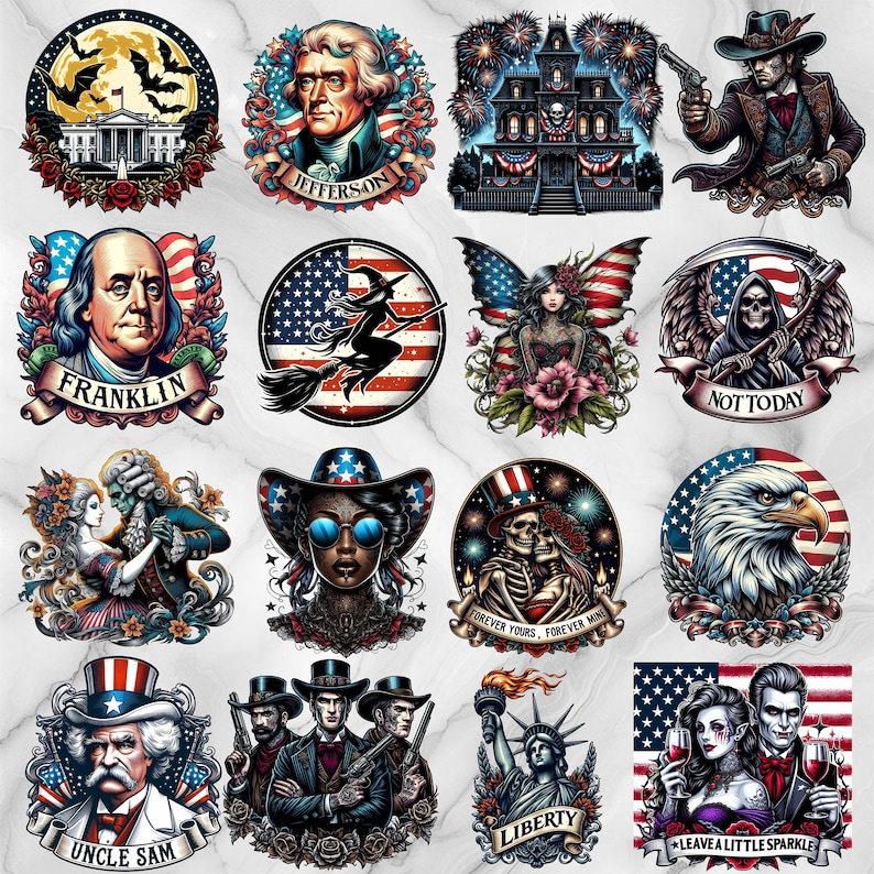 May include: A selection of vibrant, patriotic illustrations. The images feature portraits of historical figures, a haunted house, a witch on a broom, a fairy, a grim reaper, a couple, an eagle, Uncle Sam, cowboys, the Statue of Liberty, and a couple with wine.