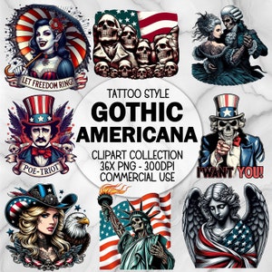 Könnte beinhalten: Eine Sammlung von Cliparts im Tattoo-Stil Gothic Americana. Die Bilder zeigen einen Vampir mit Regenschirm, Schädel mit amerikanischer Flagge, ein Paar in gotischer Kleidung, eine Figur mit Uncle-Sam-Hut und mehr.