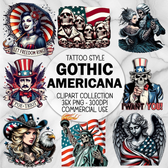 Gothic Americana Clipart Bundle, Commercial Use, Tattoo Cute Spooky Emo Whimsigoth, 4th of July, Patriotic, USA, Independence Day PNG