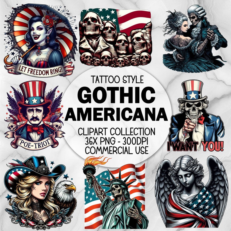 May include: A collection of tattoo-style Gothic Americana clip art. The images include a vampire with an umbrella, skulls with an American flag, a couple in gothic attire, a figure in an Uncle Sam hat, and more.