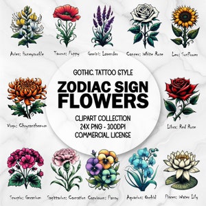 Gothic Zodiac Flowers Clipart Bundle, Commercial Use, Cute Spooky Creepy Emo Whimsigoth, Horoscope, Astrology, Floral, Star Birth Sign PNG