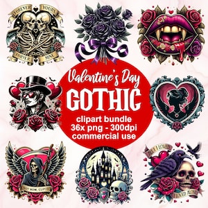 Gothic Valentines Day Clipart Digital Bundle, Commercial Use, Cute Spooky Creepy Emo Whimsigoth, Love Vampires, Chocolate Rose Hearts PNG