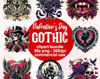 Gothic Valentines Day Clipart Digital Bundle, Commercial Use, Cute Spooky Creepy Emo Whimsigoth, Love Vampires, Chocolate Rose Hearts PNG