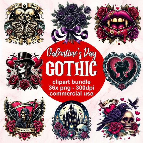Gothic Valentines Day Clipart Digital Bundle, Commercial Use, Cute Spooky Creepy Emo Whimsigoth, Love Vampires, Chocolate Rose Hearts PNG