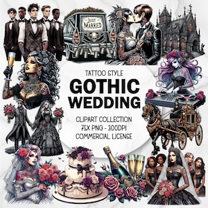 Gothic Wedding Clipart Bundle, Commercial Use, Cute Spooky Creepy Emo Whimsigoth, Marriage Invitation Engagement, Bride, Tattoo Style PNG