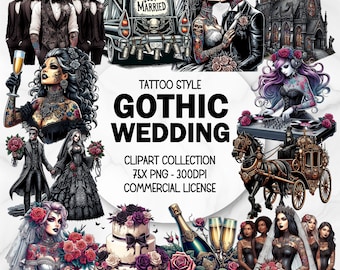 Gothic Wedding Clipart Bundle, Commercial Use, Cute Spooky Creepy Emo Whimsigoth, Marriage Invitation Engagement, Bride, Tattoo Style PNG