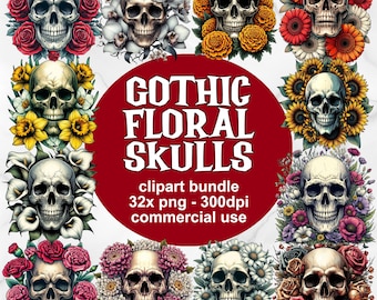Gothic Floral Skulls Clipart Bundle, Commercial Use, Cute Spooky Creepy Emo Whimsigoth Flowers, Boho Occult Wiccan Tattoo Style PNG