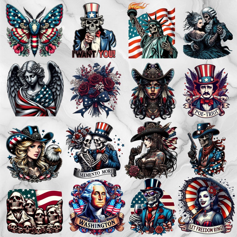 May include: A selection of digital illustrations with a patriotic theme, featuring American flags, the Statue of Liberty, and stylized portraits. The designs incorporate skulls, butterflies, and other decorative elements in red, white, and blue.