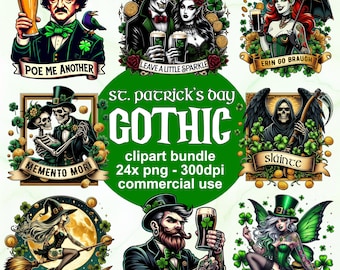 Gothic St Patricks Day Digital Clipart Bundle, Commercial Use, Cute Spooky Creepy Emo Whimsigoth, Skeleton Vampire Lucky Shamrock Paddy PNG