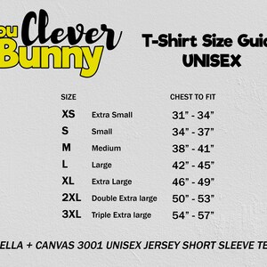 May include: Unisex t-shirt size guide with chest measurements in inches. Sizes include XS, S, M, L, XL, 2XL, and 3XL.  The guide is for Bella + Canvas 3001 Unisex Jersey Short Sleeve Tee.