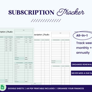 May include: A printable subscription tracker with a green and white colour scheme. The tracker is designed to help you track weekly, monthly, and annual subscriptions. It includes sections for listing subscriptions, amounts, and renewal dates. The text "All-in-1 Track weekly, monthly + annually" is included in the image. The text "ORGANISE RENEWAL DATES NEVER MISS A DUE DATE!" is also included in the image.