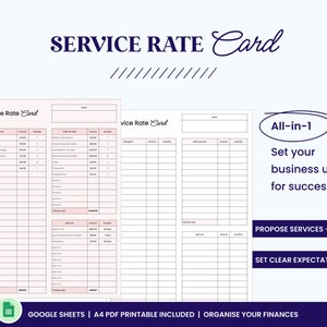 Tarjeta de tarifas de servicio simple / A4 imprimible / Plantilla de presupuesto / Planificador financiero / Hoja de cálculo / Hojas de cálculo de Google
