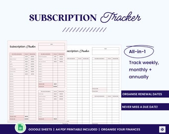 Tracker abbonamenti semplice (rosa) / Tracker abbonamenti stampabile A4 / Tracker abbonamenti e abbonamenti / A4 / Fogli Google
