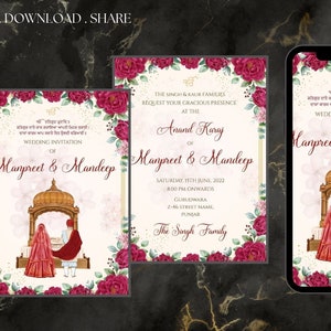 Punjabi Wedding Invitations as Anand Karaj Invitation Cards as Punjabi invitation Set, Indian Wedding Invitations, Sikh Invitation Templates