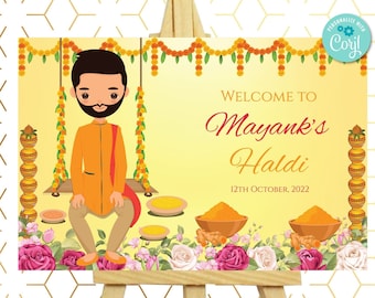 Groom Haldi Signs & Haldi Welcome Sign, Haldi Decoration as Indian Wedding decor, Welcome to Haldi signs as Haldi Signages for Holud signage