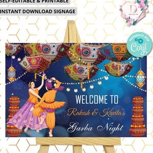 Garba Night Signages,Indian Sangeet decor Garba Sign Board,Garba Night & Dance as Indian Couple Garba Signage,Garba Ceremony Welcome Signage