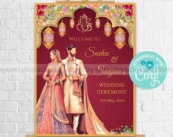 May include: A printable wedding sign with a red background and gold accents. The sign features a couple in traditional Indian wedding attire, with the text "Welcome to Sneha & Saujan's Wedding Ceremony 3rd May, 2024".