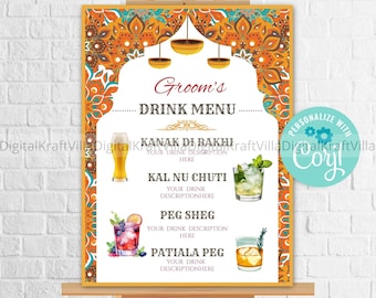 May include: A printable sign for a groom's drink menu with an orange, teal, and gold patterned background. The sign features four drinks with illustrations and descriptions: Kanak Di Rakhi, Kal Nu Chuti, Peg Sheg, and Patiala Peg.