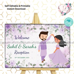 Purple Floral Welcome sign, Indian Reception sign, Indian Wedding Reception sign, Indian Reception Welcome signs,  Welcome to Reception sign