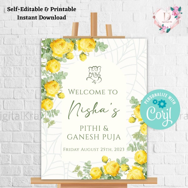 Haldi Signs & Ganesh Puja Welcome Sign, Haldi Decoration as Indian Wedding Signs, Welcome to Ganesh Pooja signs, Pithi Sign Instant Download