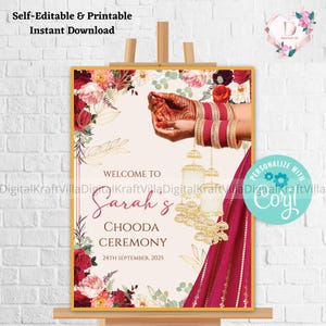 Op de afbeelding: Een printbaar welkomsbord voor een Chooda-ceremonie met een bloemenontwerp en de tekst "Welkom bij de Chooda-ceremonie van Sarah op 24 september 2025".