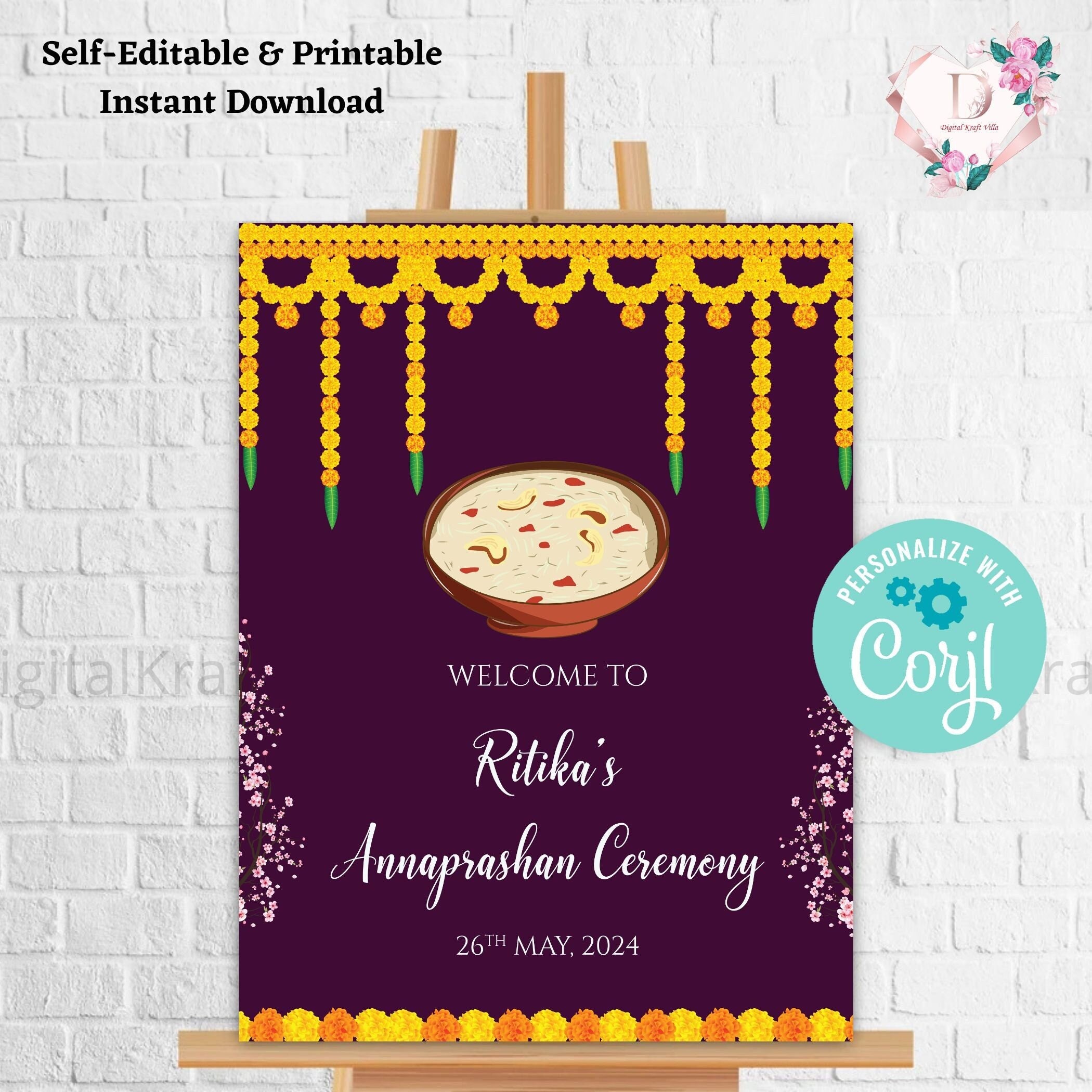 Yellow Rice Ritual Poster Annaprasan Sign & Annaprasan Welcome Sign, Rice Ceremony Sign as ...