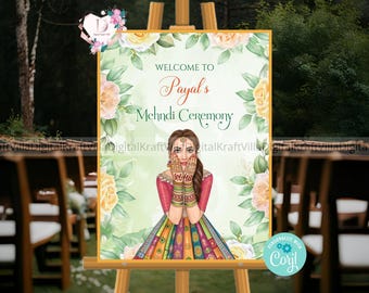 Mehndi Welcome Sign, Indian Wedding Decor, Indian Mehndi Event, Desi Event Sign, Digital Download, Editable Template, Mehendi Signage Event
