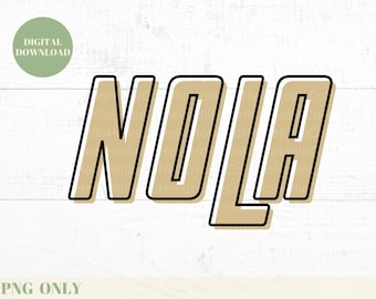 May include: A digital download of a graphic design featuring the word "NOLA" in a retro style with a black outline and a beige fill.