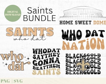 May include: A digital download bundle of Saints themed graphics. The graphics include the words "Saints who dat" in a retro font, a black and gold Saints logo, and the words "Who Dat Nation" in a retro font. The graphics are perfect for creating t-shirts, mugs, and other merchandise.
