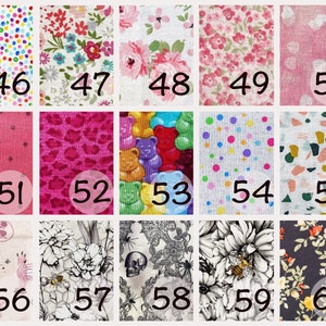 May include: A collage of 60 different fabric swatches, each with a unique pattern. The swatches are arranged in a grid of six rows and five columns. The swatches feature a variety of patterns, including polka dots, floral prints, animal prints, and geometric designs. The swatches are numbered from 46 to 60.