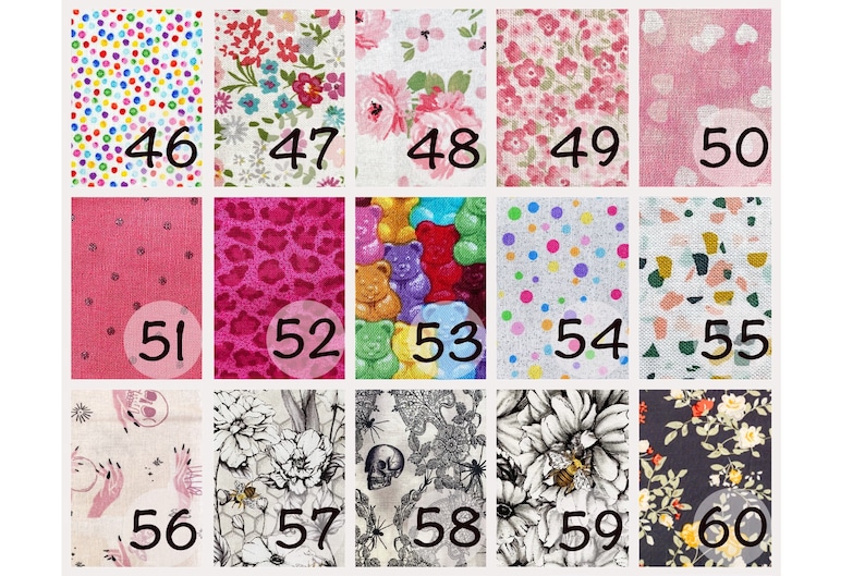 May include: A collage of 60 different fabric swatches, each with a unique pattern. The swatches are arranged in a grid of six rows and five columns. The swatches feature a variety of patterns, including polka dots, floral prints, animal prints, and geometric designs. The swatches are numbered from 46 to 60.