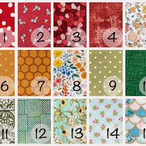 May include: A collage of 15 different fabric swatches, each with a unique pattern. The swatches are arranged in a grid of 5 rows and 3 columns. The swatches feature a variety of colors and patterns, including polka dots, floral prints, geometric designs, and more.