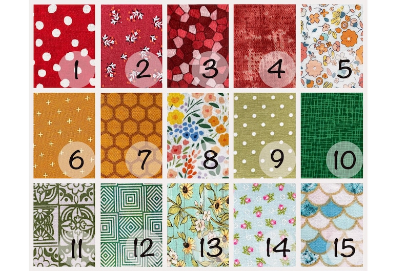 May include: A collage of 15 different fabric swatches, each with a unique pattern. The swatches are arranged in a grid of 5 rows and 3 columns. The swatches feature a variety of colors and patterns, including polka dots, floral prints, geometric designs, and more.