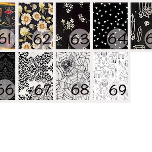 May include: A collage of nine black and white fabric swatches with numbers 61 through 69. The swatches feature various patterns including floral, geometric, and animal prints.