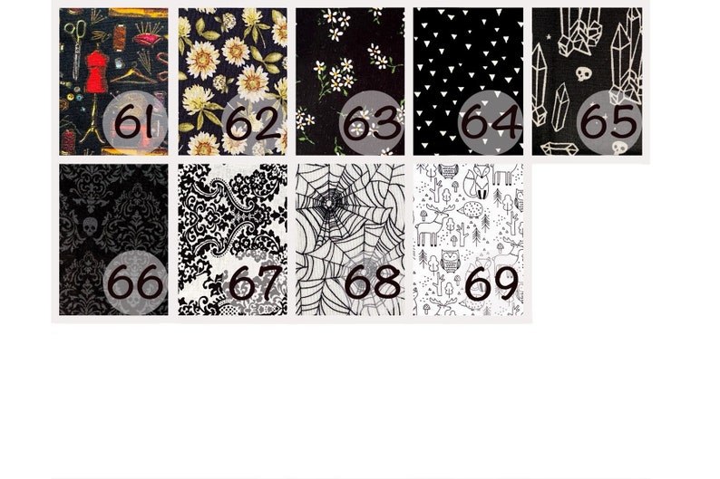 May include: A collage of nine black and white fabric swatches with numbers 61 through 69. The swatches feature various patterns including floral, geometric, and animal prints.