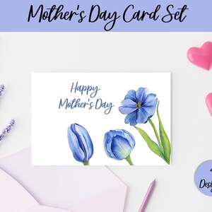 Tarjetas para el Día de la Madre para imprimir, juego de 4 tarjetas para el Día de la Madre con diseño sencillo de tulipanes azules, descarga instantánea