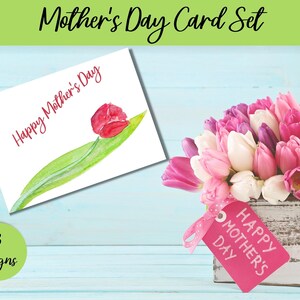 Tarjetas para el Día de la Madre para imprimir, juego de 4 tarjetas para el Día de la Madre con tulipanes variados y diseño simple, descarga instantánea