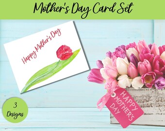 Mother's Day Cards Printable, Set of 4 Simple Design Assorted Tulips Mother's Day Cards, Instant Download