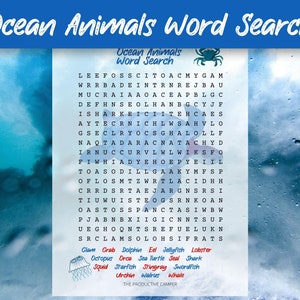 Può includere: Un colorato puzzle di parole crociate con animali marini su sfondo blu. Il puzzle presenta una varietà di animali marini, tra cui delfini, balene, squali e meduse. Le parole sono nascoste all'interno di una griglia di lettere.