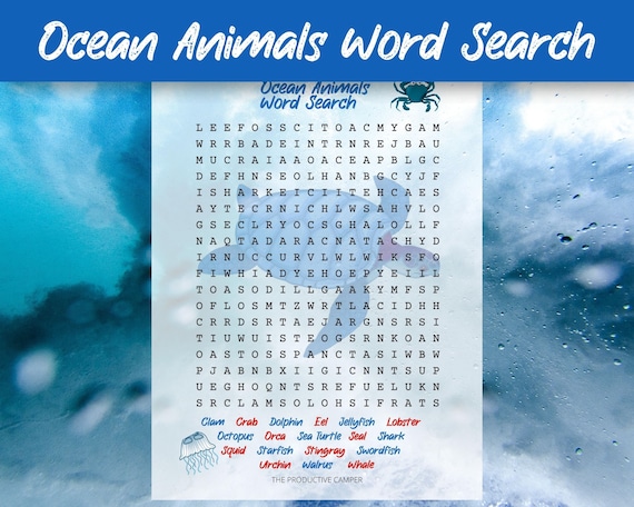 ocean animals word search party game printable etsy