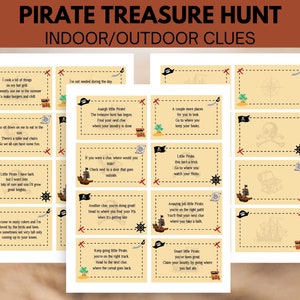 Caça ao tesouro pirata com pistas internas e externas, jogo de festa para impressão